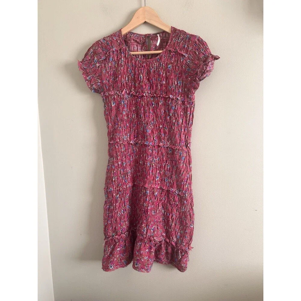 Free People Pink Floral Short Sleeve Smocked Stretch Mini Dress Women's S/P - Picture 1 of 8